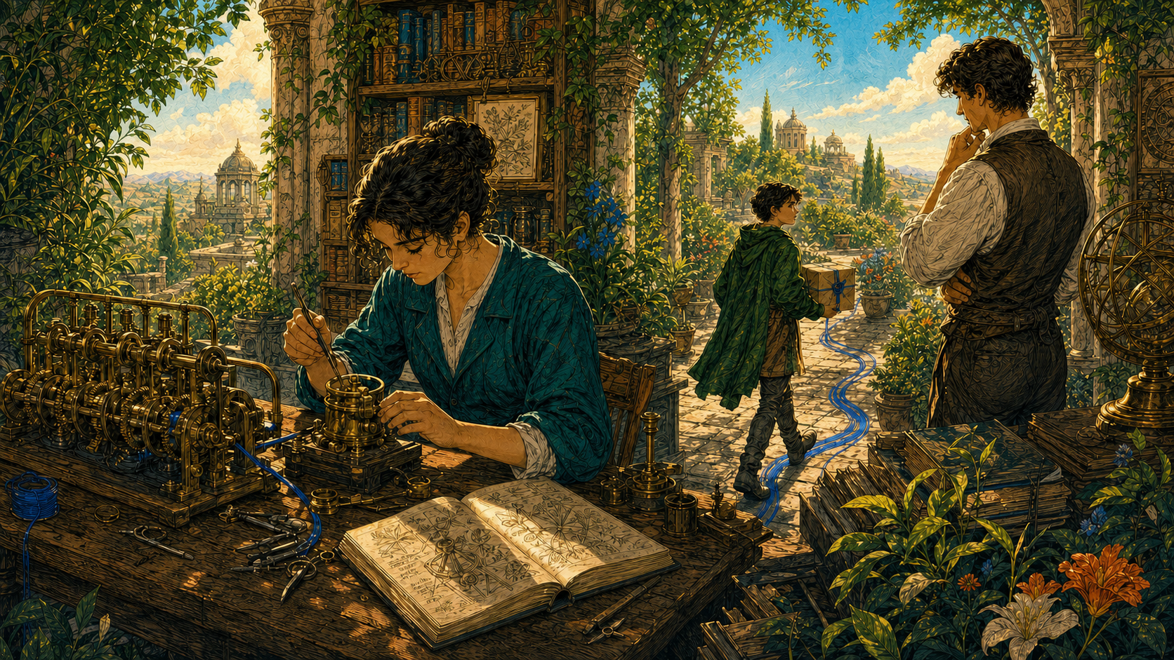 Humanist verdigris-and-brass illustration of a workshop where a mechanism, practiced hand, and supervised agent path distinguish automations, skills, and agents.