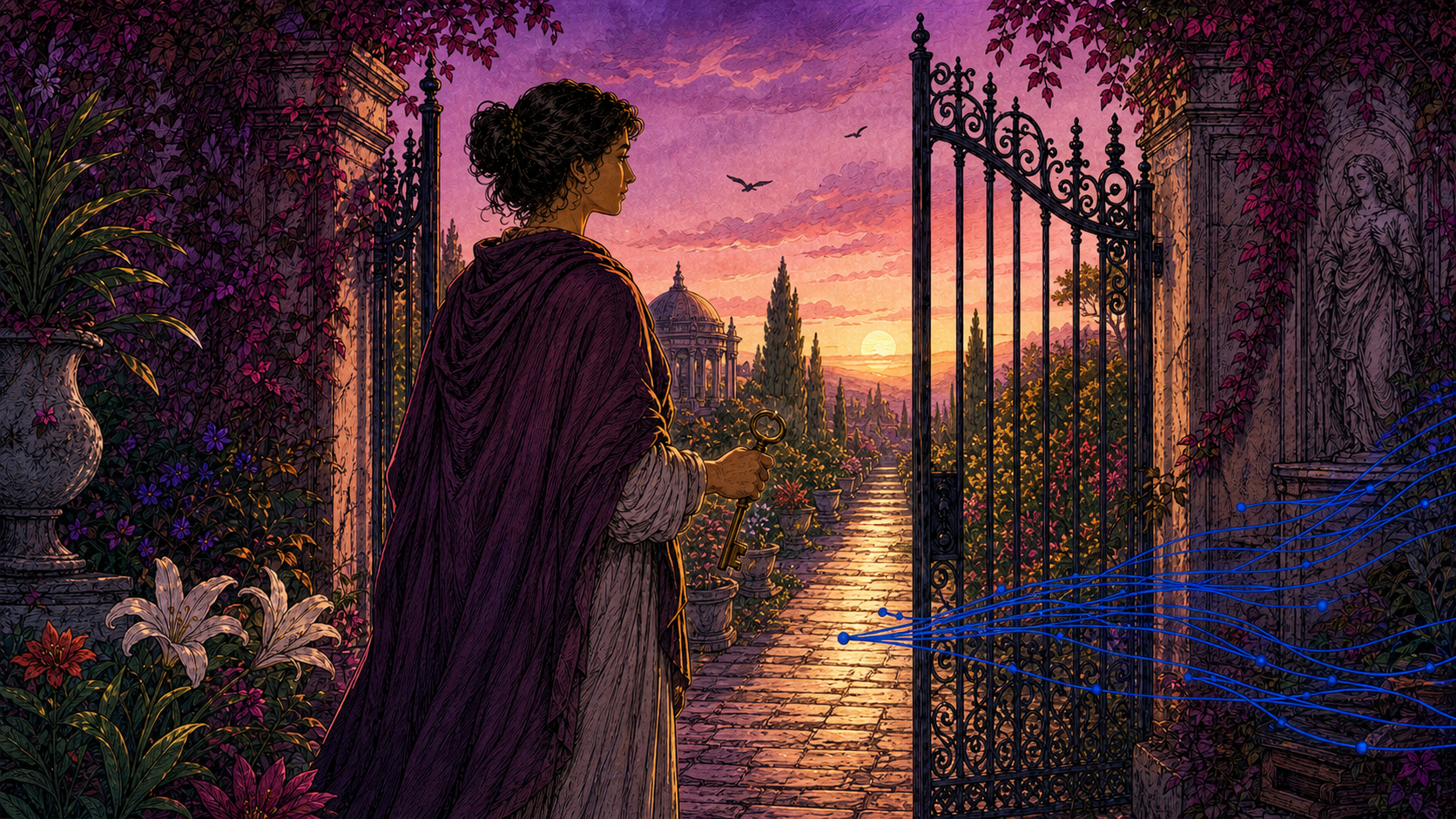 Humanist plum-toned illustration of a person holding a key at a garden threshold while cobalt context lines stop before the gate.