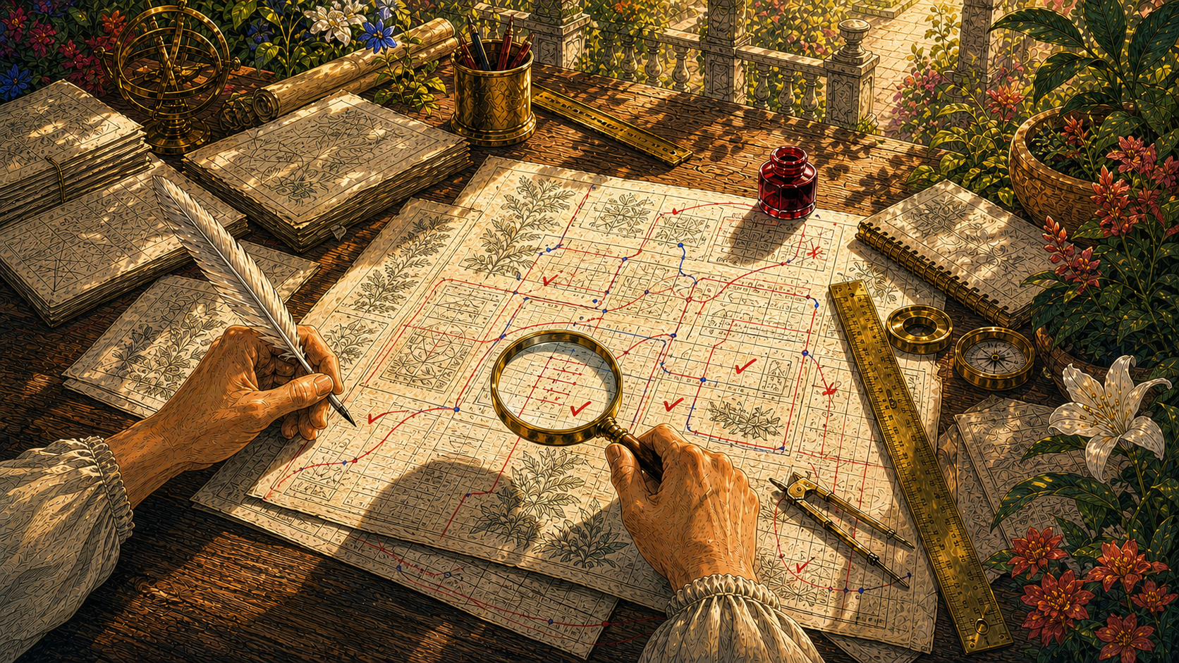 Humanist coral-and-cobalt illustration of hands reviewing prepared work with a magnifying glass, ruler, quill, and evidence markings.