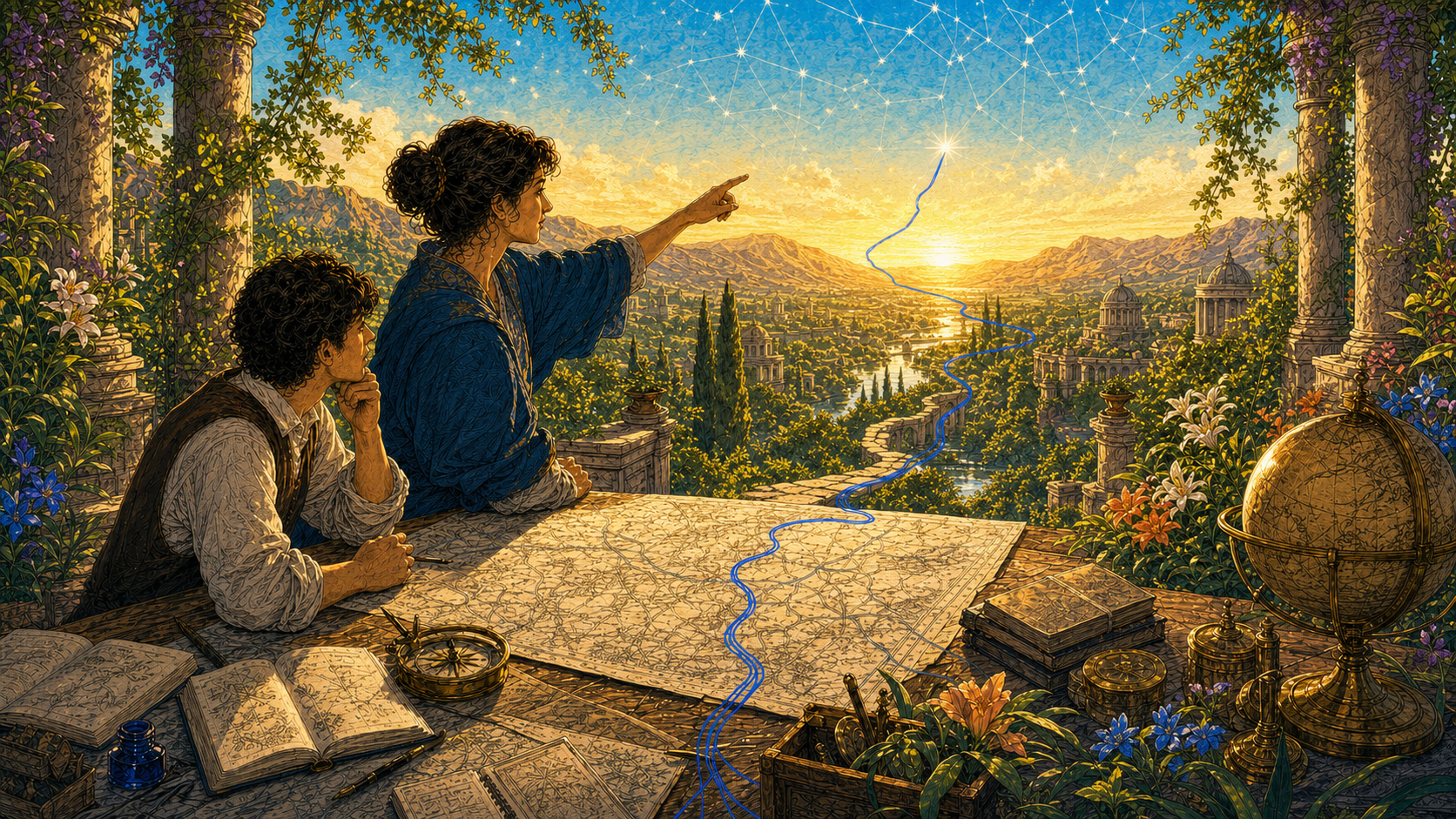 Humanist saffron-and-sky illustration of two people at an observatory map table choosing one cobalt route from many possible paths.