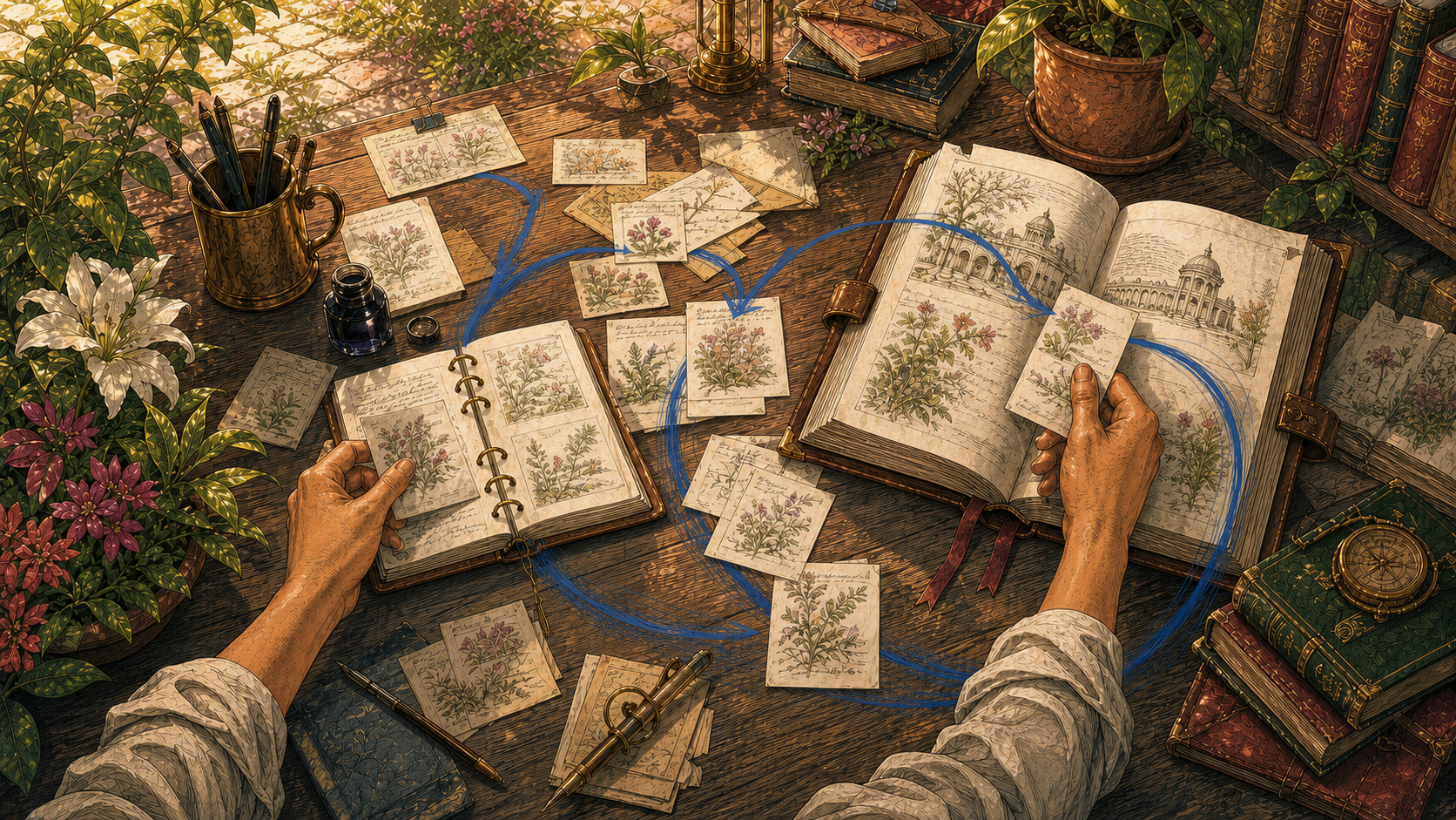 Humanist clay-and-rose illustration of hands sorting field notes and loose learnings into a living company context library.