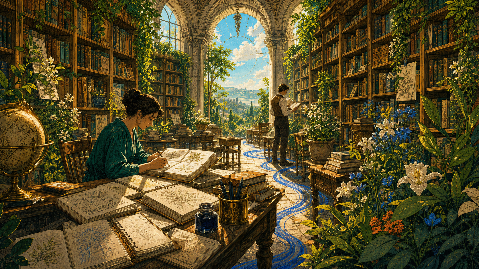 Humanist botanical-and-mineral illustration of a living library with readers, plants, bookshelves, field notes, and a subtle cobalt path of context.